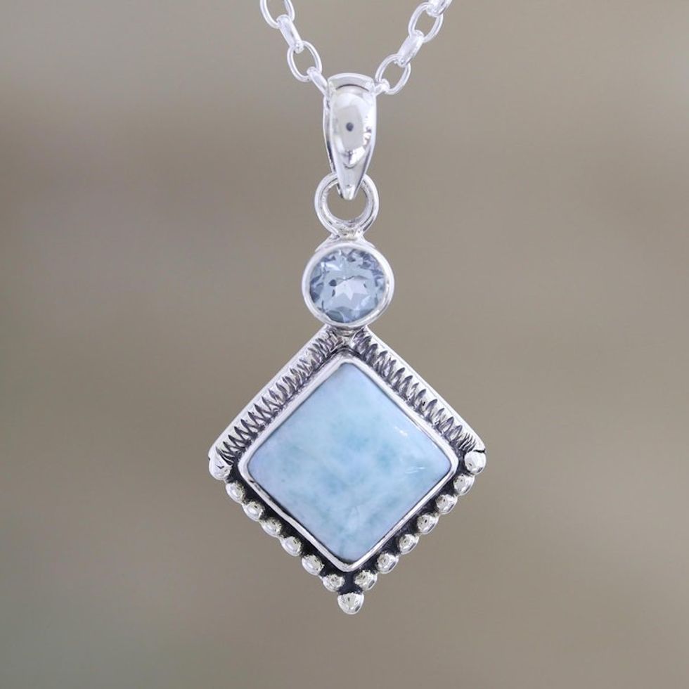 Hand Made Larimar and Blue Topaz Pendant Necklace 'Frosty Fusion'