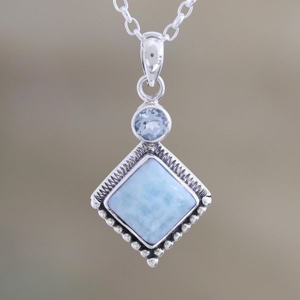 Alternate image for Hand Made Larimar and Blue Topaz Pendant Necklace Frosty Fusion