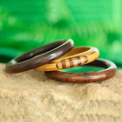 Alternate image for Handmade Mango Wood Bangle Bracelets from India Set of 3 Chic Combination