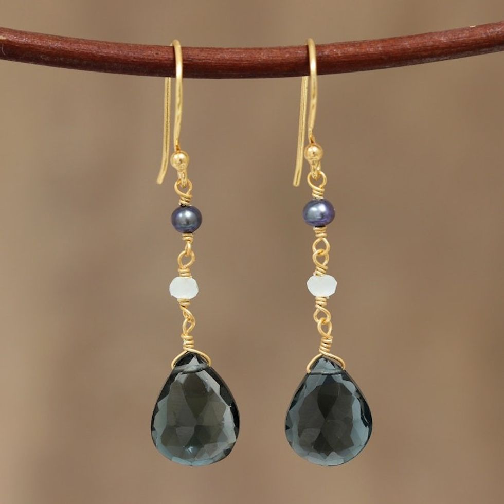 Gold Plated London Blue Topaz Dangle Earrings from India 'London Dazzle'