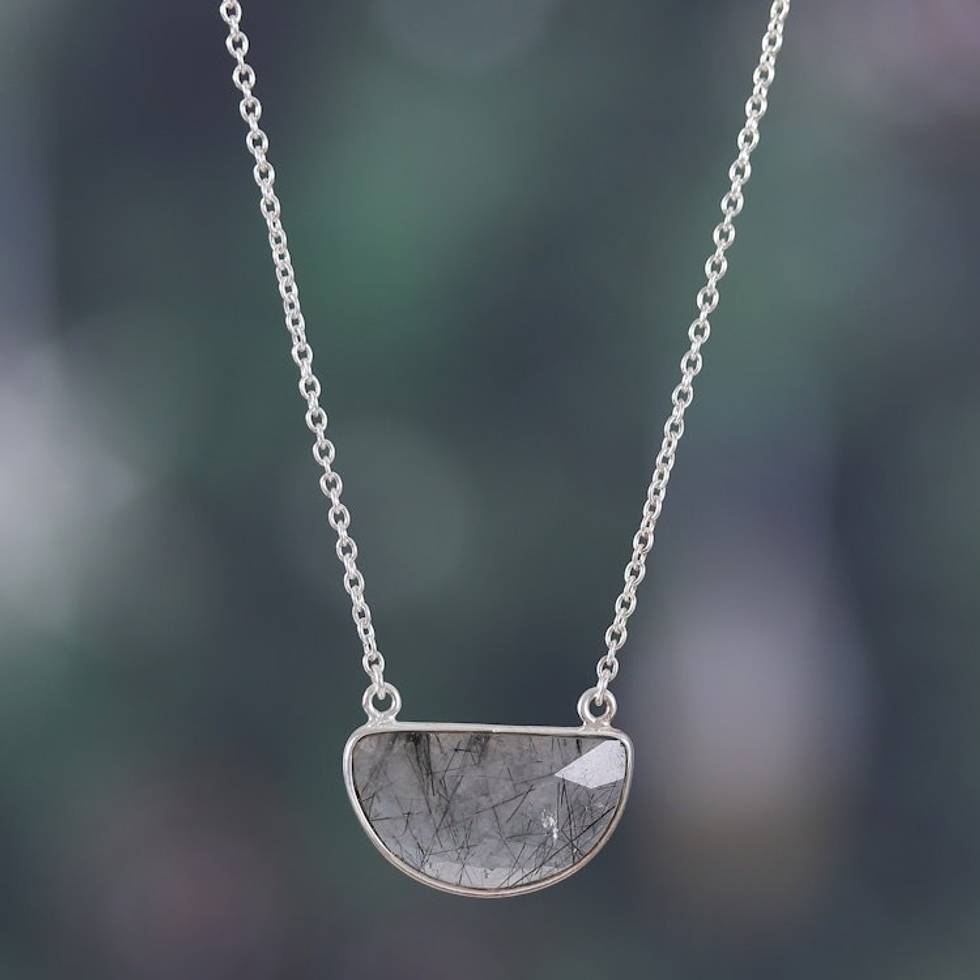 Silver Necklace with Rutilated Quartz Crescent Moon Pendant 'Stunning Crescent'