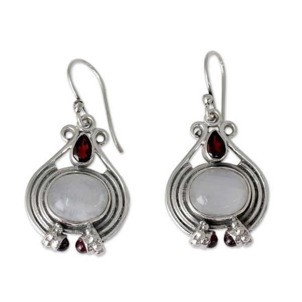 Alternate image for Handmade Rainbow Moonstone and Garnet Earrings Mysterious Mist