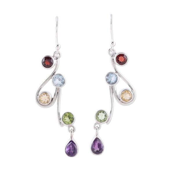 Alternate image for Multi-Gemstone and Scrolling Sterling Silver Dangle Earrings Dancing Rainbow