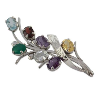Alternate image for Fair Trade Multi Gemstone and Sterling Silver Brooch Pin Rainbow Bouquet
