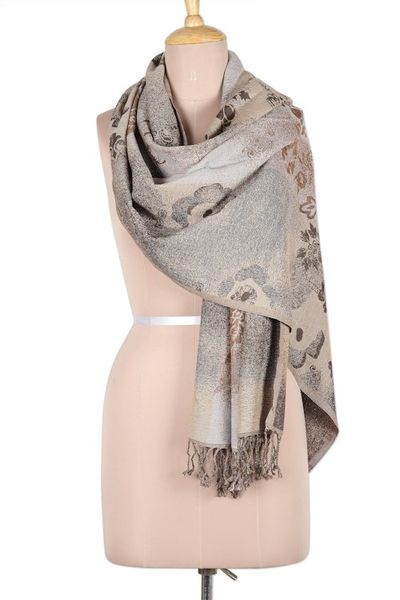 Alternate image for Cotton  Wool Shawl with Floral Pattern Woven in India Sandy Charm