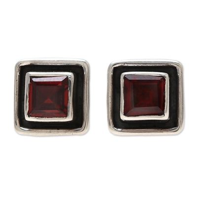 Alternate image for Faceted Garnet Square Stud Earrings from India Fire Frame