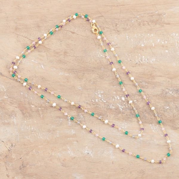 Alternate image for Gold-Plated Green Onyx and Amethyst Beaded Necklace In Sync