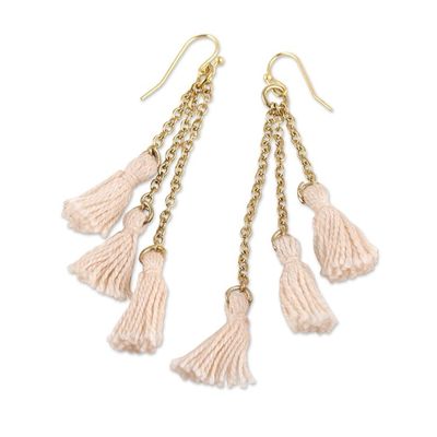 Alternate image for Brass Dangle Earrings with Ivory Tassels Made in India Flowing Beauty