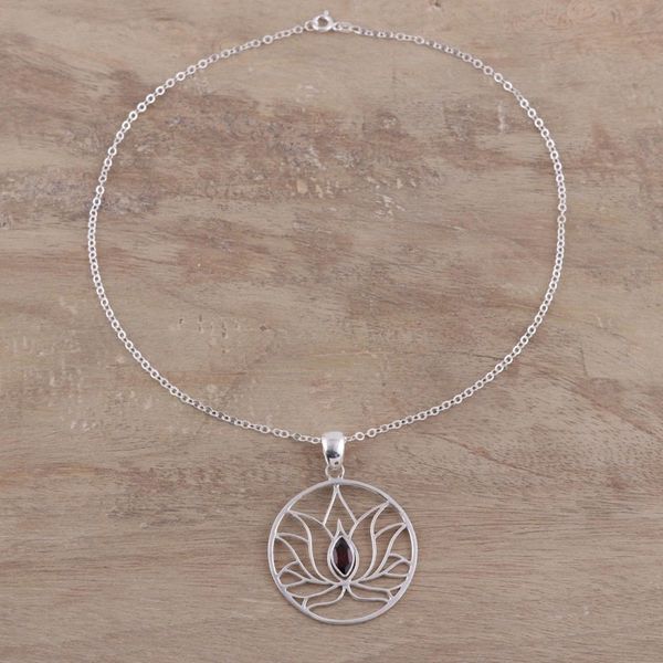 Alternate image for Garnet Sterling Silver Lotus Flower Pendant Necklace Lotus Heart