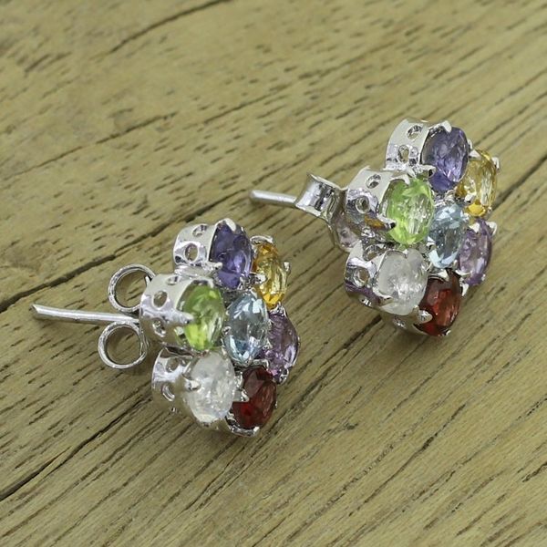 Alternate image for Hand Crafted Floral Sterling Silver Button Multigem Earrings Flowers
