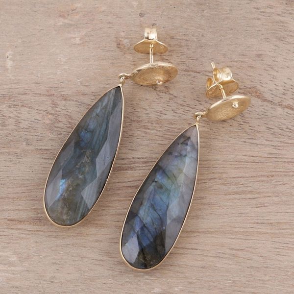Alternate image for Gold Plated 28-Carat Labradorite Earrings from India Northern Drops