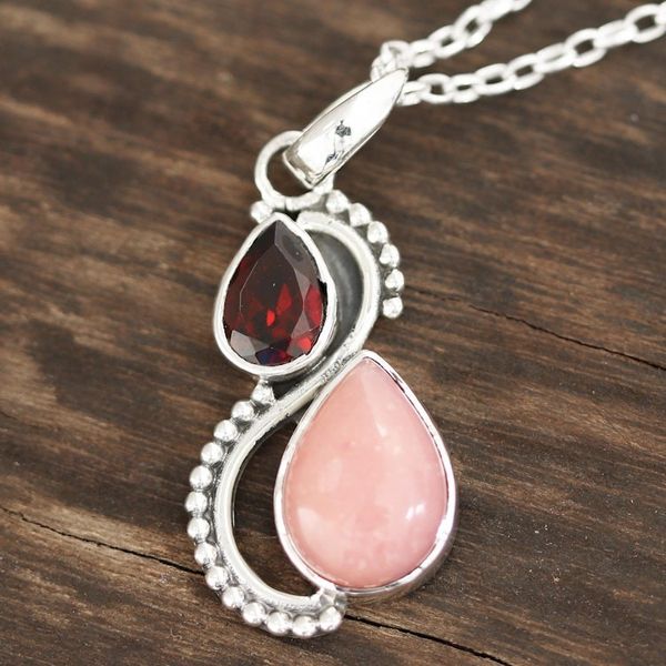 Alternate image for Garnet and Opal Teardrop Pendant Necklace from India Two Teardrops