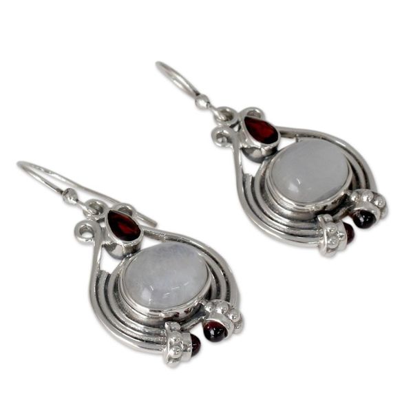 Alternate image for Handmade Rainbow Moonstone and Garnet Earrings Mysterious Mist