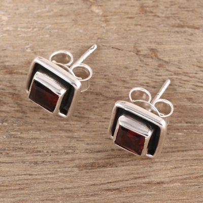 Alternate image for Faceted Garnet Square Stud Earrings from India Fire Frame