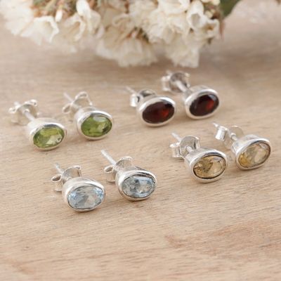 Alternate image for Set of 4 Gemstone and Sterling Silver Stud Earrings All for One