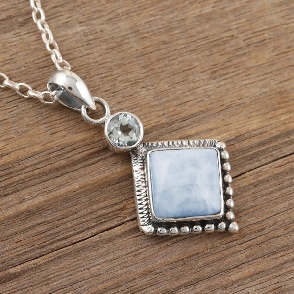 Alternate image for Hand Made Larimar and Blue Topaz Pendant Necklace Frosty Fusion