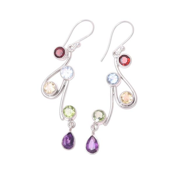Alternate image for Multi-Gemstone and Scrolling Sterling Silver Dangle Earrings Dancing Rainbow