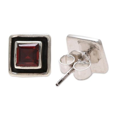 Alternate image for Faceted Garnet Square Stud Earrings from India Fire Frame