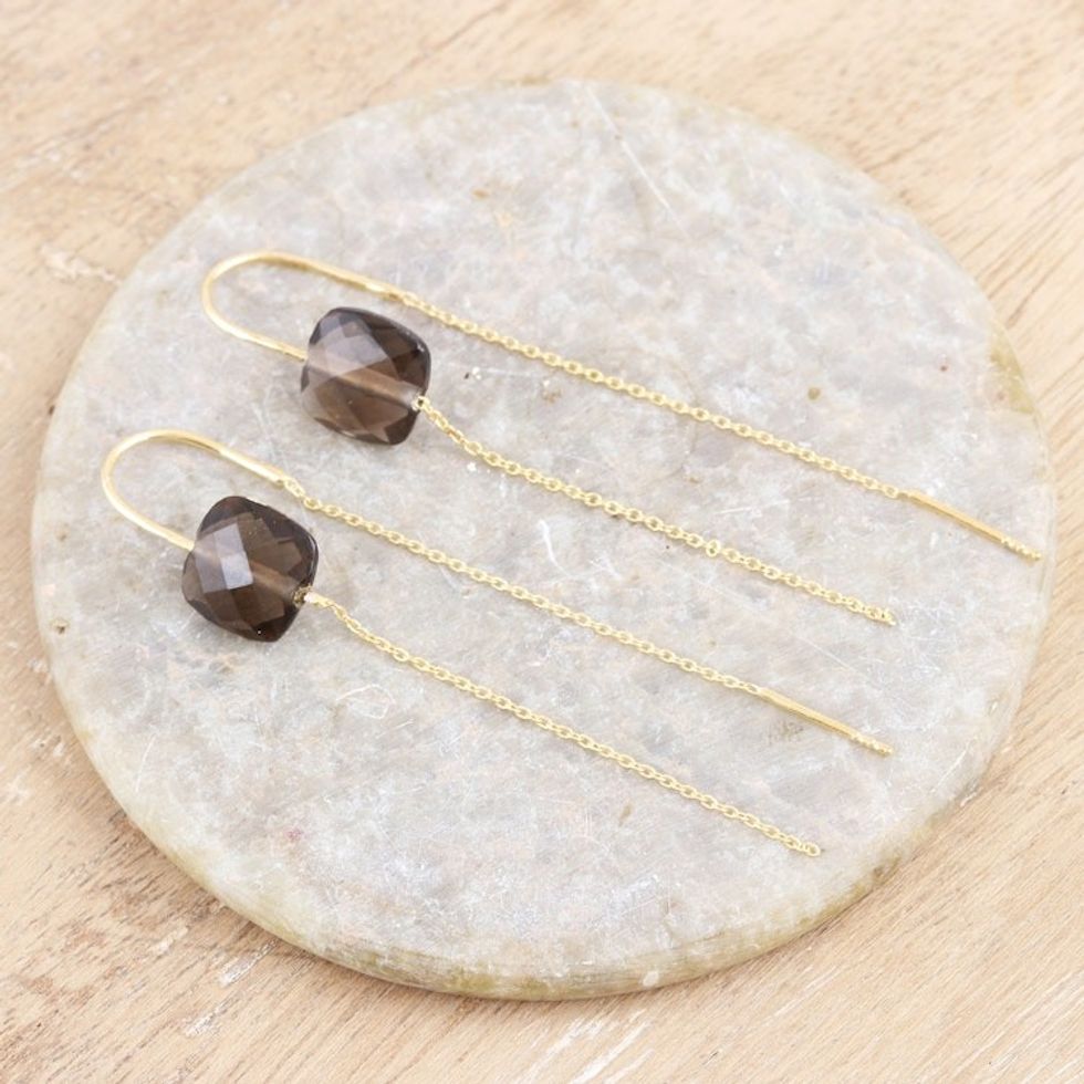 Gold-Plated Smoky Quartz Threader Earrings 'Stylish Earth'