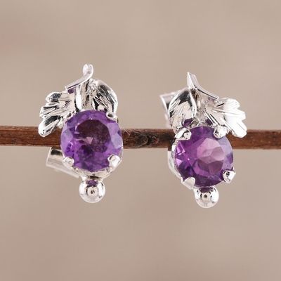 Alternate image for Leafy Rhodium Plated Amethyst Stud Earrings from India Nature Leaf
