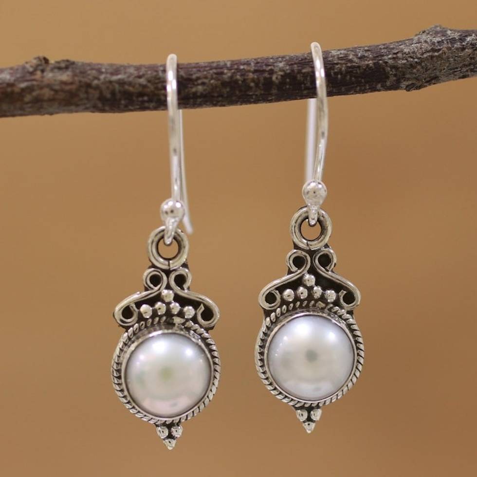 Cultured Pearl Sterling Silver Dangle Earrings from India 'Glossy Charm'