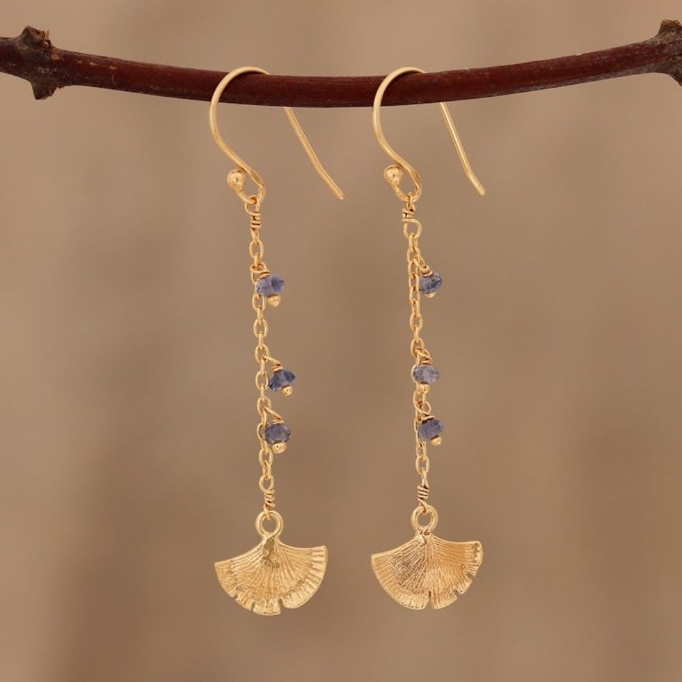 Gold Plated Iolite Ginkgo Leaf Dangle Earrings from India 'Ginkgo Hope'