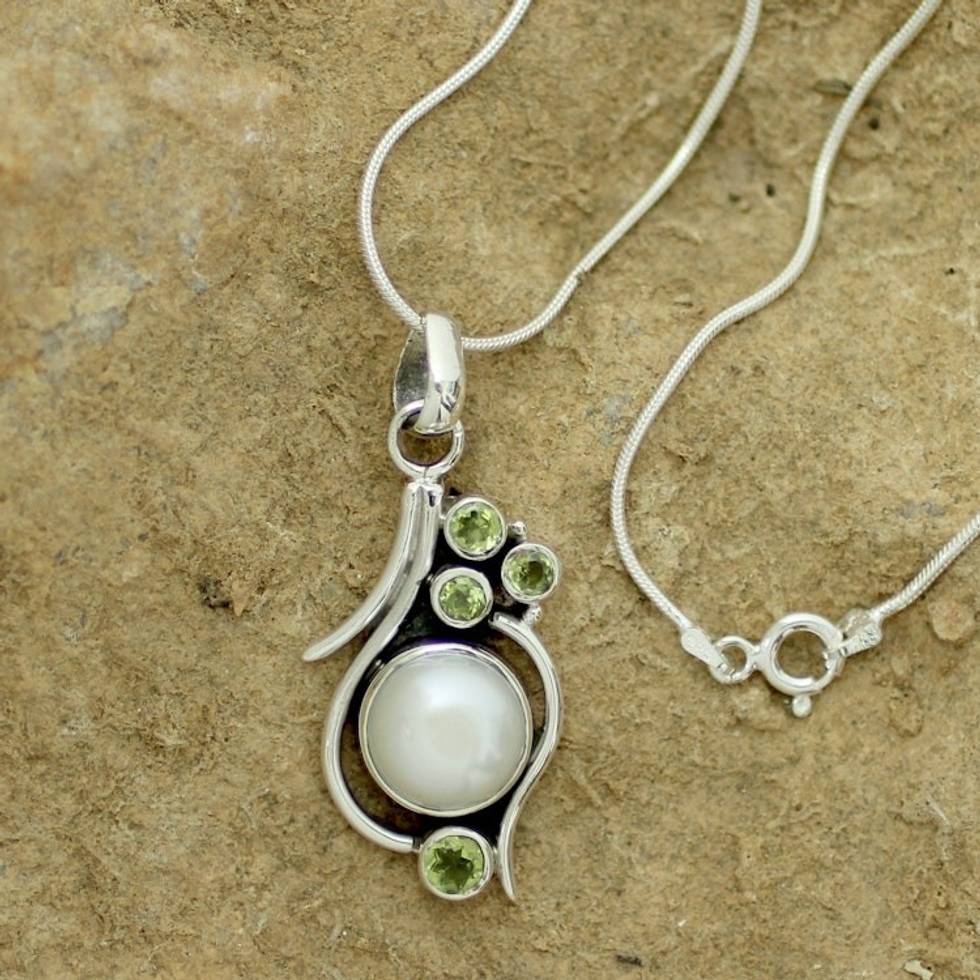 Cultured Pearl Peridot and Sterling Silver Necklace 'Sweet Dreams'