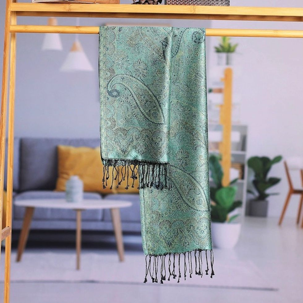 Woven Reversible Jamawar Fringed Silk Scarf in Turquoise 'Magical Garden'