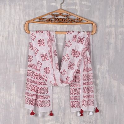 Alternate image for Cotton Scarf with Burgundy Block Print Motifs from India Burgundy Bliss