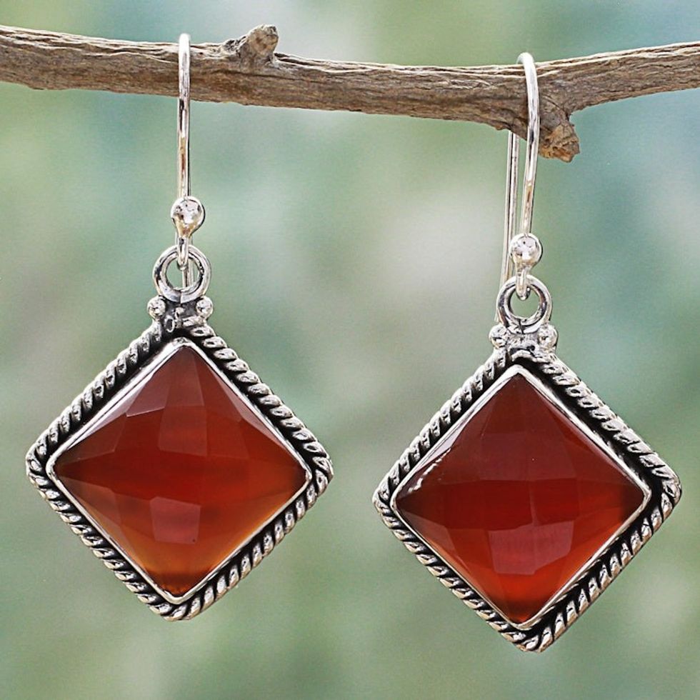 Carnelian and Sterling Silver Diamond-Shaped Dangle Earrings 'Fiery Kite'