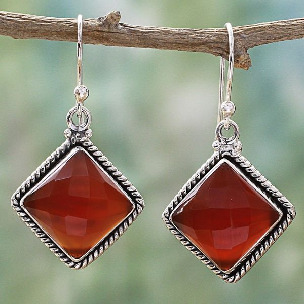 Alternate image for Carnelian and Sterling Silver Diamond-Shaped Dangle Earrings Fiery Kite