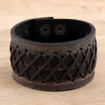 Alternate image for Hand Crafted Leather Cuff Bracelet Dark Lattice