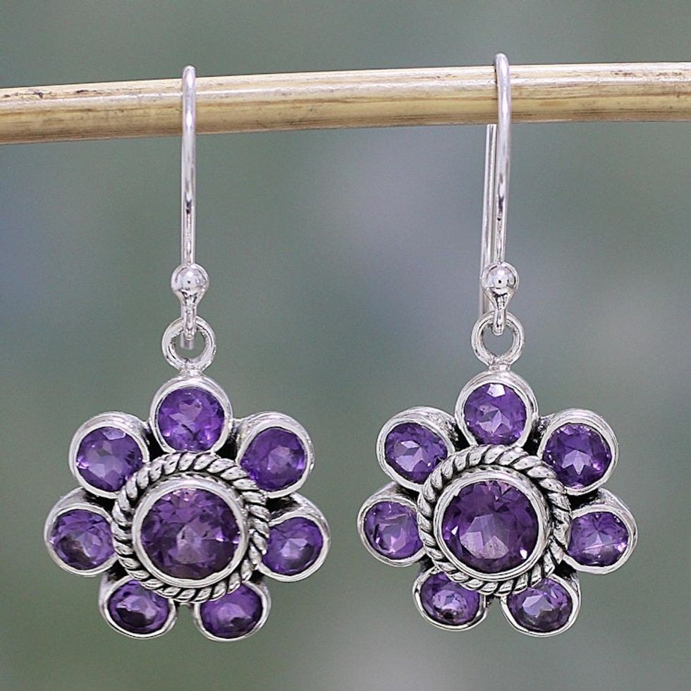 Amethyst and Sterling Silver Dangle Earrings from India 'Morning Glitter in Purple'