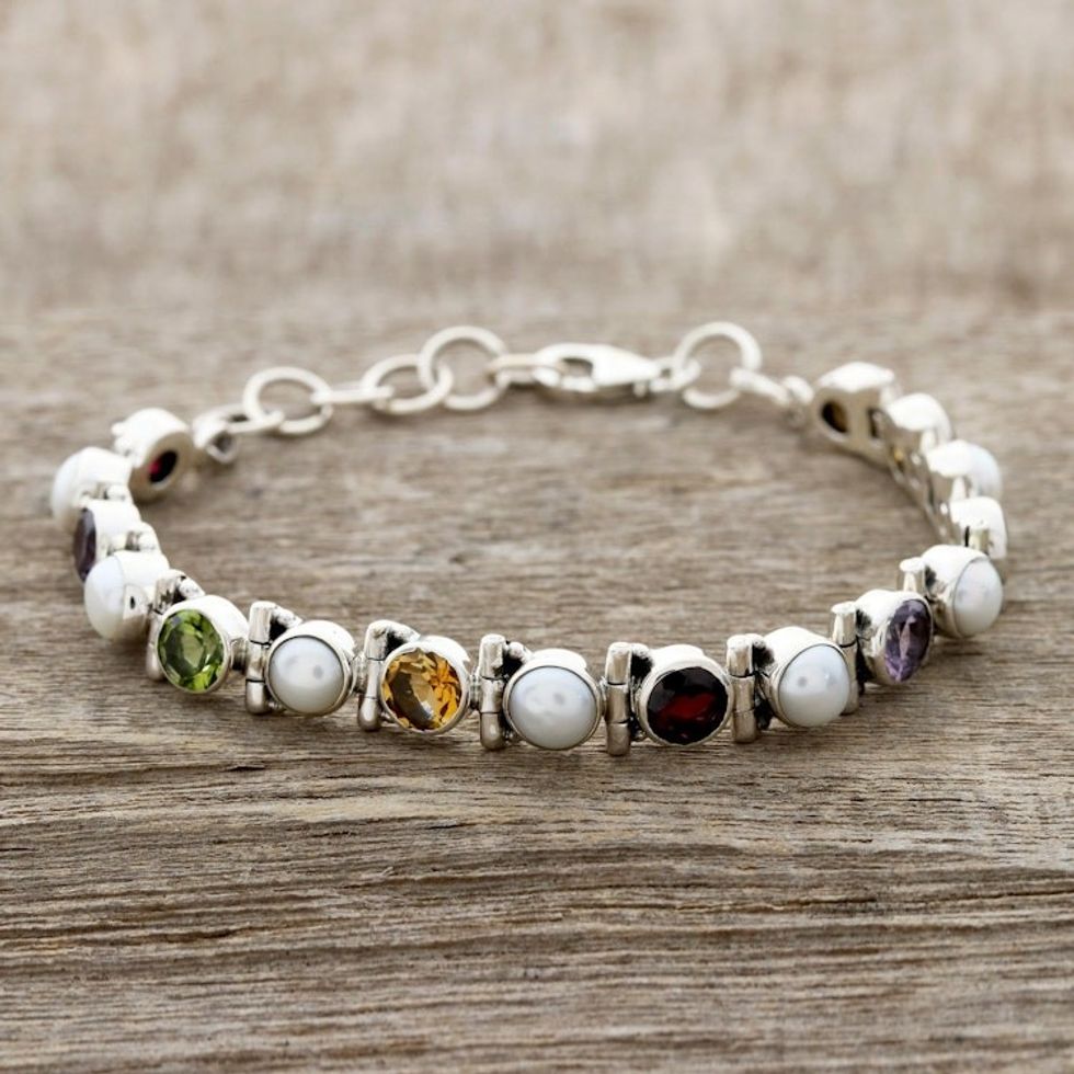 Cultured Pearl and Multi-Gem Tennis Bracelet from India 'Sparkling Grace'