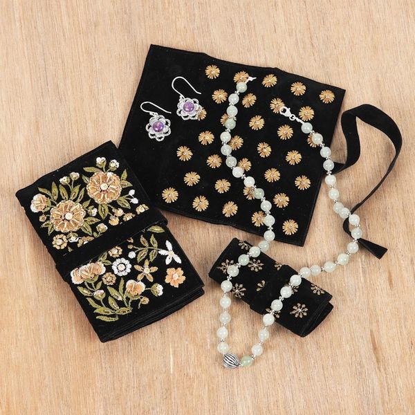 Alternate image for Embroidered Floral Jewelry Rolls from India Set of 3 Floral Saga