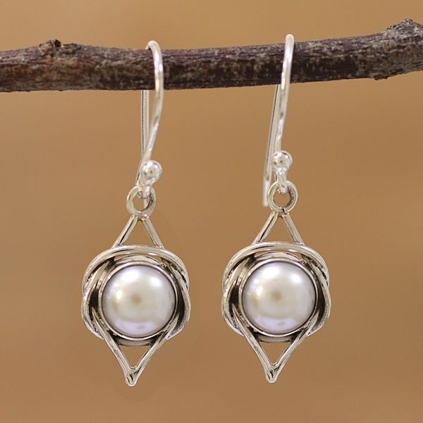 Alternate image for Indian Cultured Pearl and Sterling Silver Dangle Earrings Intricate Twirl