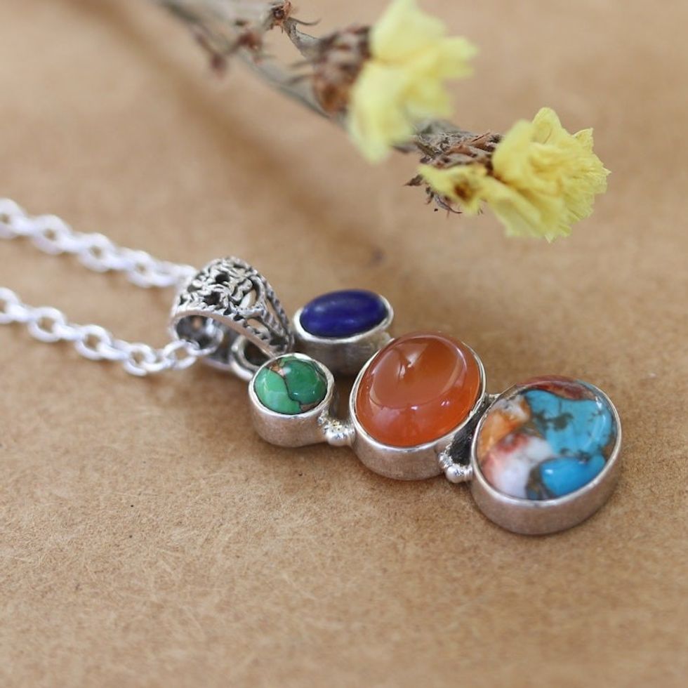 Polished Sterling Silver Pendant Necklace with Multiple Gems 'Celestial Treasures'