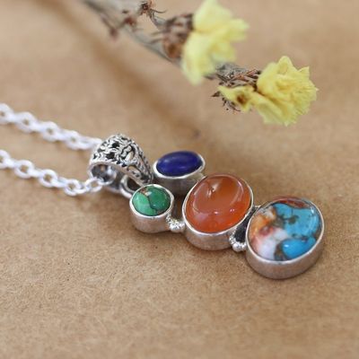 Alternate image for Polished Sterling Silver Pendant Necklace with Multiple Gems Celestial Treasures