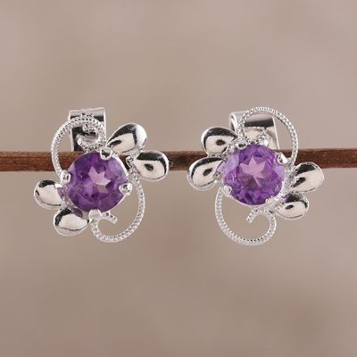 Alternate image for Rhodium Plated Amethyst Stud Earrings from India Glittering Purple Charm