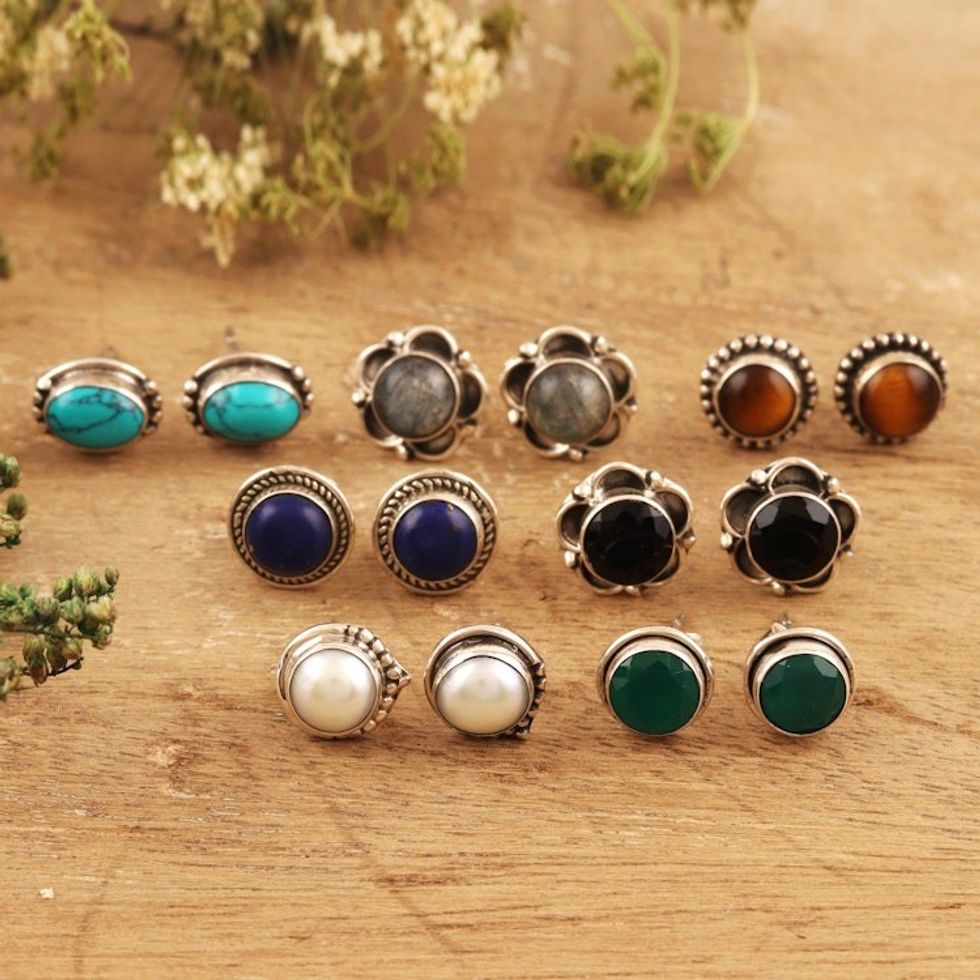 Gemstone Stud Earrings from India Set of 7 'Everyday Pairs'