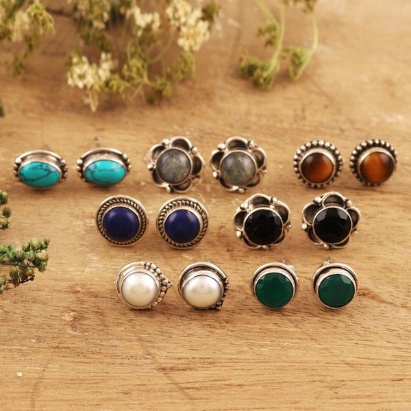 Alternate image for Gemstone Stud Earrings from India Set of 7 Everyday Pairs