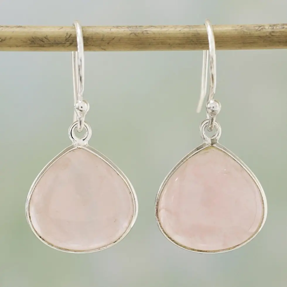 Rose Quartz and Sterling Silver Dangle Earrings from India 'Dancing Soul'