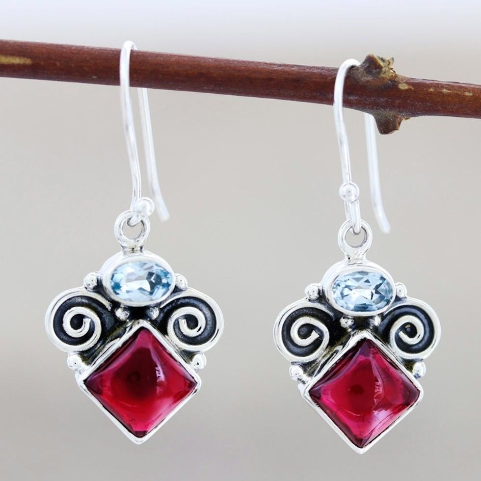 Garnet and Blue Topaz Dangle Earrings 'Rainbow Fragments'