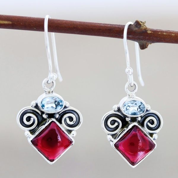 Alternate image for Garnet and Blue Topaz Dangle Earrings Rainbow Fragments