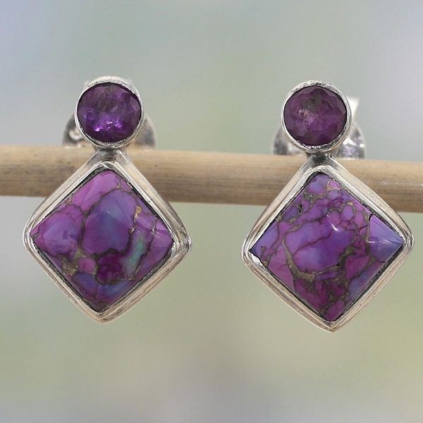 Alternate image for Indian Amethyst Earrings with Composite Purple Turquoise Purple Sparkle