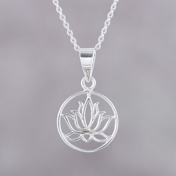 Alternate image for Handcrafted Sterling Silver Lotus Bloom Pendant Necklace Lotus in Bloom