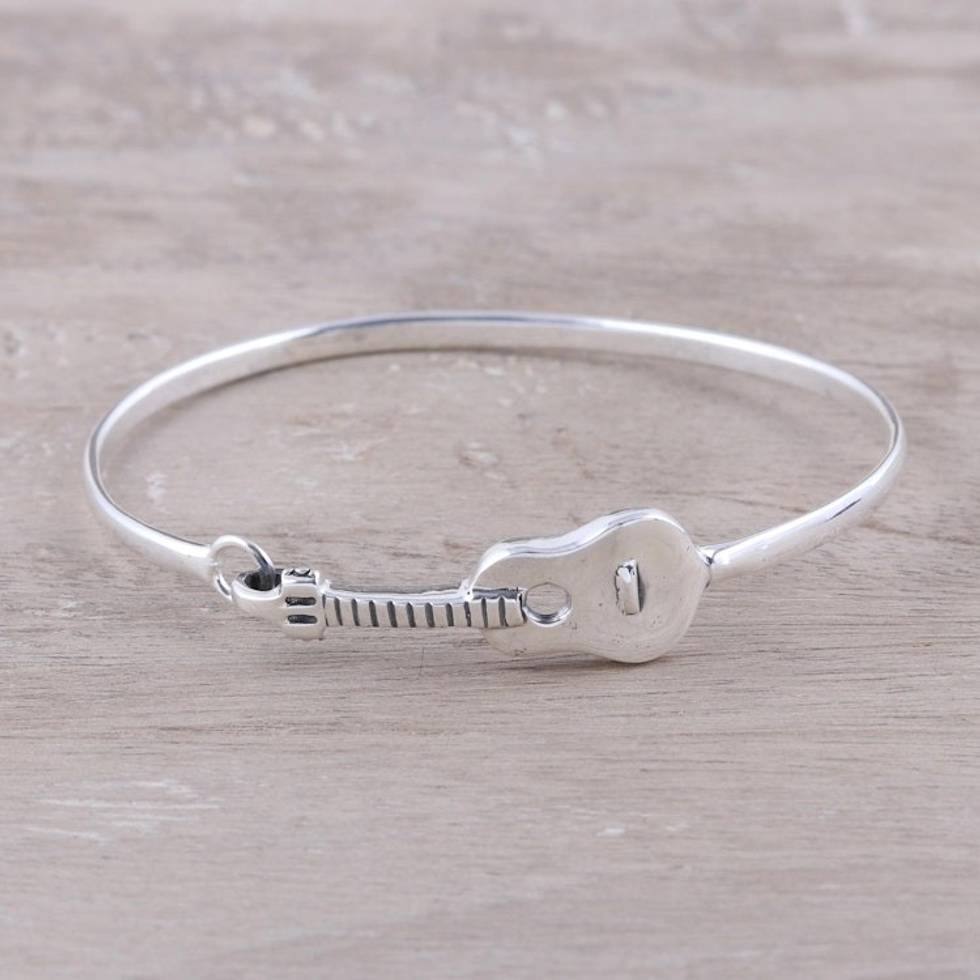 Sterling Silver Guitar Bangle Bracelet from India 'Music Gleams'