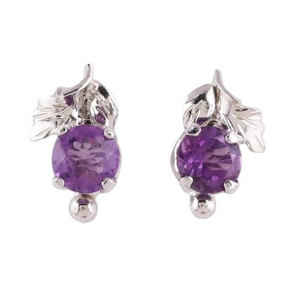 Alternate image for Leafy Rhodium Plated Amethyst Stud Earrings from India Nature Leaf