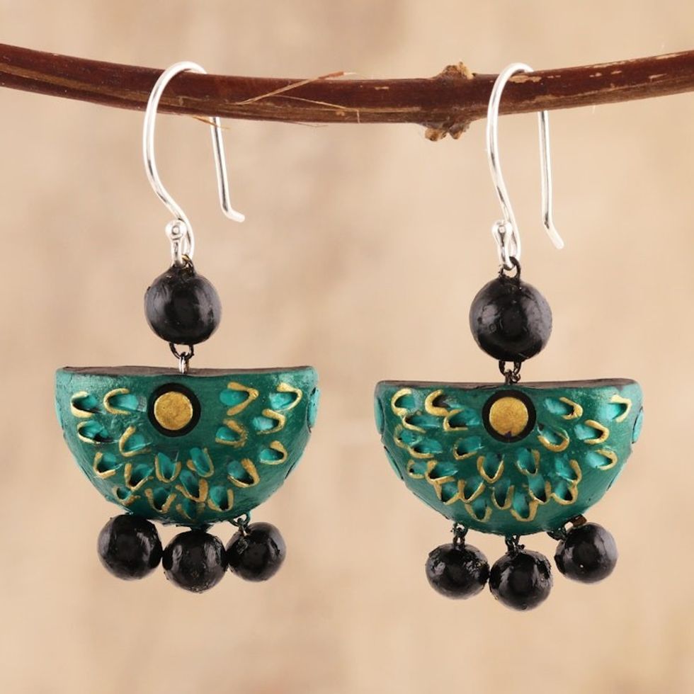 Green Floral Ceramic Dangle Earrings from India 'Delhi Green'