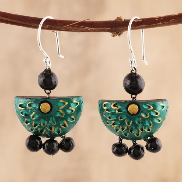 Alternate image for Green Floral Ceramic Dangle Earrings from India Delhi Green